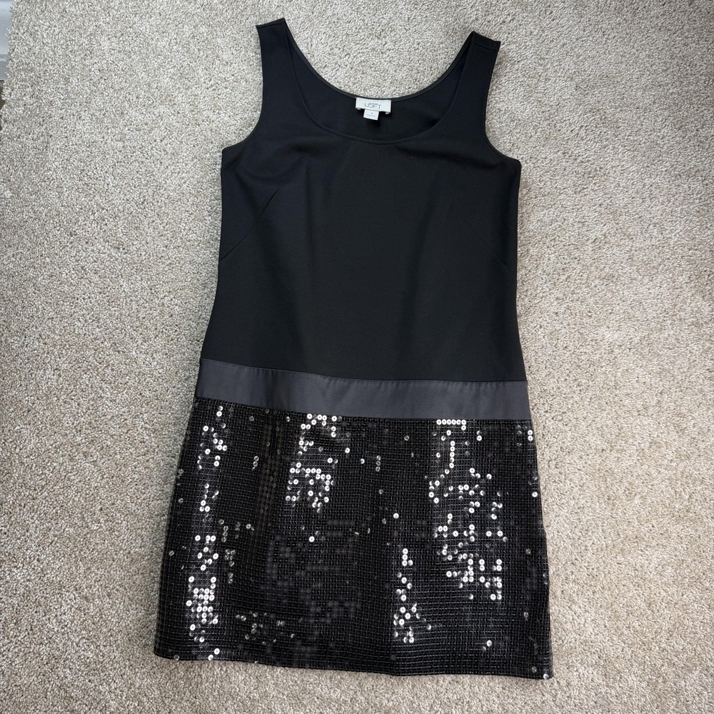 LOFT Dress Womens 6 Black Sleeveless Scoop Neck Sequin Hem Sheath Short Party